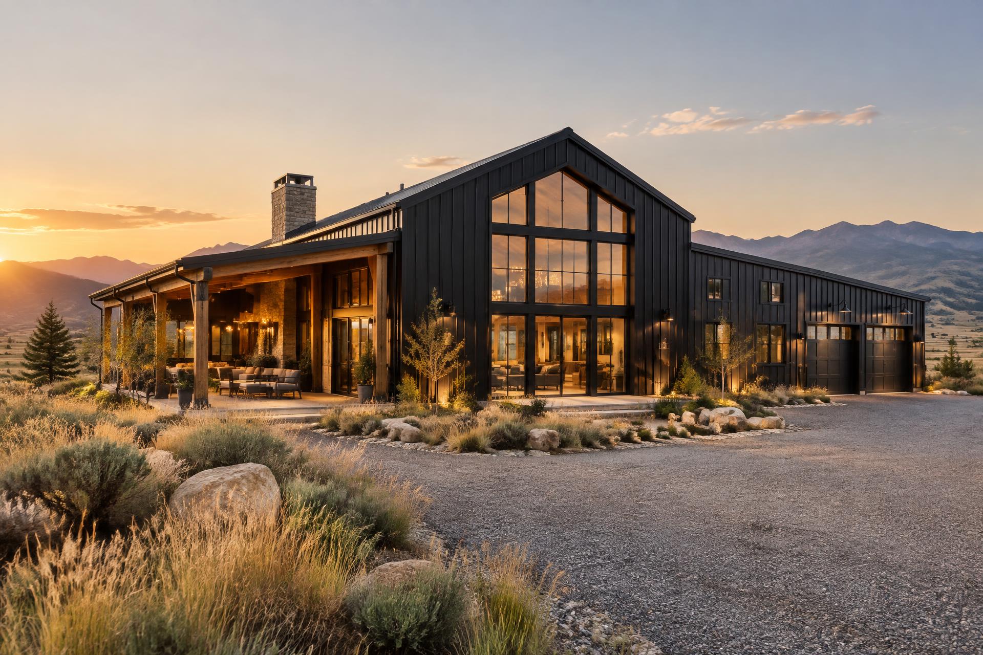Modern black steel barndominium with timber porch on open acreage